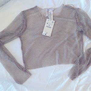 NWT Zara sheer mesh net and rhinestone top, super stretch, long sleeve crop